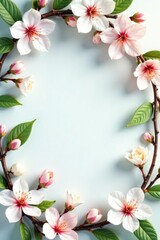 Delicate white & pink floral frame, blossoming branches, green leaves Spring theme , green leaves, spring card, spring
