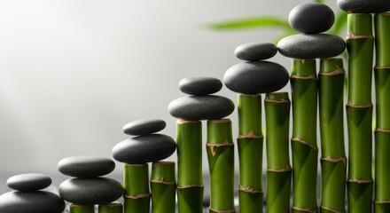 Stacked black stones on green bamboo sticks