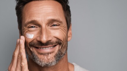 A cosmetics model who is male applies cream foundation to his face as part of a product demonstration