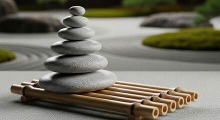 Stacked pebbles on bamboo mat in zen garden