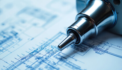 Shiny metallic precision engineering tool rests on detailed blueprints. Blue lines show complex technical design plan on white paper. Image represents industrial development, mechanical innovation,
