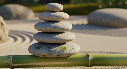 Stacked zen stones on bamboo with sand
