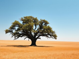 Solitary Oak Silhouette: Majestic oak tree stands tall in vast arid expanse, with a striking contrast of deep shadows and sky. Symbolizing strength, resilience.