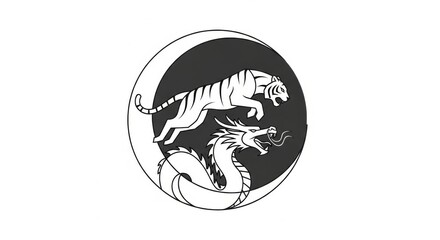 Stylized tiger leaping over dragon in circular graphic