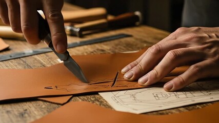 Craftsmans Hands Cutting Leather with Precision and Skillful Technique.