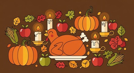 Thanksgiving feast illustration with turkey, pumpkins, and apples