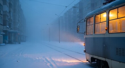 Tramway in the winter fog at dusk