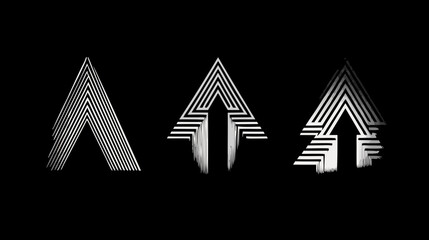 Abstract geometric upward arrows made of parallel lines on a black background, representing growth, progress, and modern technology.