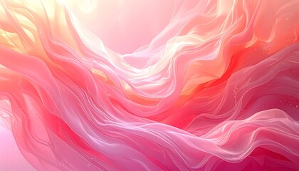 Flowing, translucent, abstract ribbons in warm hues of pink, orange, and peach, illuminated from the top. Subtle light effects