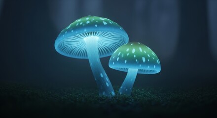 Two glowing mushrooms in a dark forest