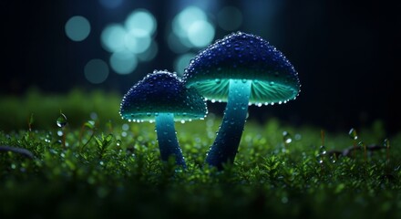 Two glowing mushrooms on mossy forest floor with water droplets