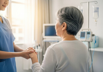 Caring Chinese Healthcare Worker Holding Elderly Woman&rsquo;s Hand in Clinic