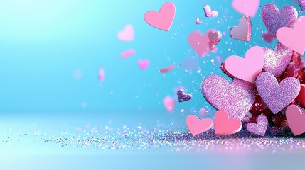 A collection of pink and purple heart shapes, some with glitter, are scattered and floating against a soft blue background.