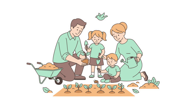 Joyful family plants seedlings together in vibrant garden, learning about nature and nurturing life