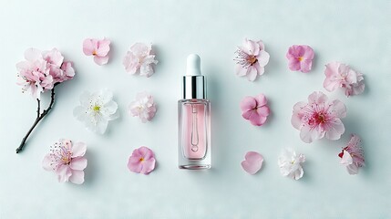 A dropper bottle of pink serum is surrounded by delicate pink and white flowers and petals on a soft blue surface.