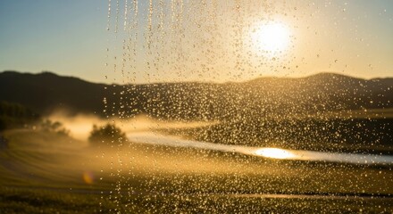 Water droplets on glass with golden landscape at sunrise