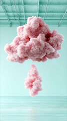 Two fluffy pink clouds are suspended in a bright, minimalist studio space with a light blue background and a striped floor.