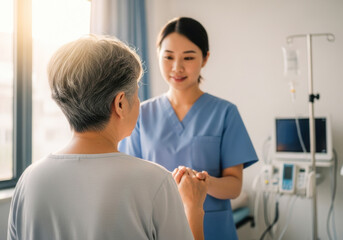 Caring Chinese Healthcare Worker Holding Elderly Woman&rsquo;s Hand in Clinic