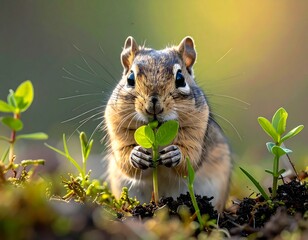 Close-up of a chipmunk holding and eating a leafy green sprout