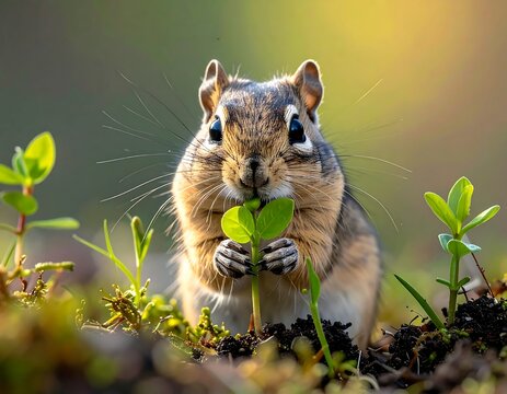 Close-up of a chipmunk holding and eating a leafy green sprout