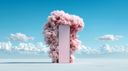 A surreal scene features a pink, cloud-like explosion erupting around a tall, rectangular object, set against a clear blue sky dotted with fluffy white clouds.