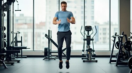Male Athlete Performing Jumping Jacks in Gym Setting for Cardiovascular Exercise