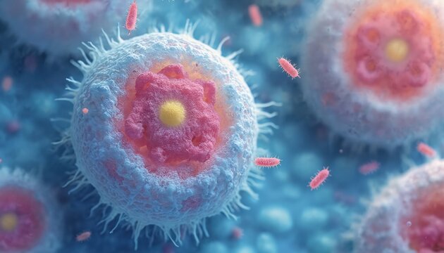 Microscopic view of malaria parasites infecting a cell. Tiny red rod shaped organisms surround a large pink and yellow nucleus within a white cell wall, illustrating disease transmission.