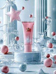 A pink cosmetic tube with a gold star emblem sits on a marble podium, surrounded by dynamic water splashes, pink spheres, and star shapes.