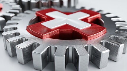 A metallic gear mechanism with Austria flag colors painted on central cog isolated against clean background Precision lighting