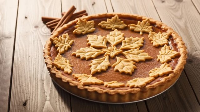 A festive homemade pumpkin pie decorated with pastry leaves and cinnamon sticks on a rustic wooden table.