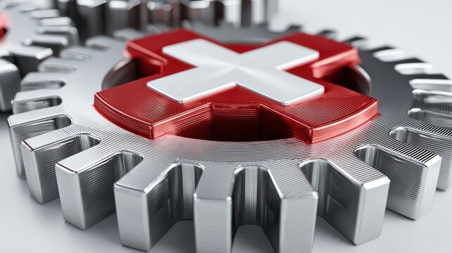 A metallic gear mechanism with Austria flag colors painted on central cog isolated against clean background Precision lighting
