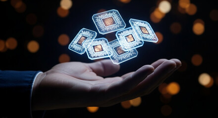 Floating Microchips in Hand Futuristic Technology Concept