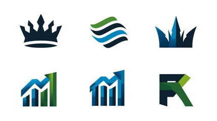 Abstract logo collection featuring crowns, wavy shapes, and financial growth graphs. Modern corporate identity symbols set.