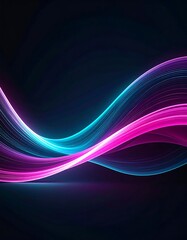 A vibrant abstract composition features flowing, luminous waves in shades of pink and blue, set against a dark background