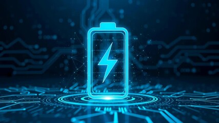 Futuristic battery icon glowing above circuit board illustrating renewable energy capacity with lightning symbol powering digital blue power grid and storage innovation - Powered by Adobe