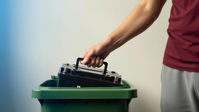 Male adult hand places electric vehicle battery pack into recycling bin highlighting green renewable energy capacity and responsible disposal of automotive battery waste in home garage setting