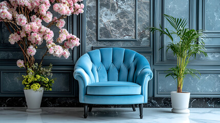 Serene blue armchair setting with plants