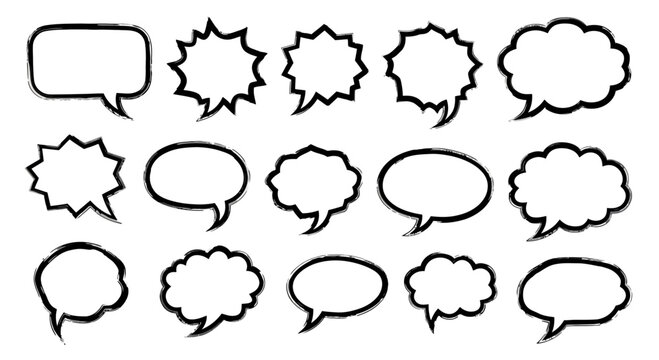 Collection of hand-drawn speech bubbles in various shapes and styles, outlined in black on a white background.