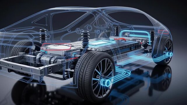 Electric vehicle battery pack undercarriage with visible wiring suspension and high capacity chassis power flow illustrating energy capacity efficient power modular battery drivetrain thermal