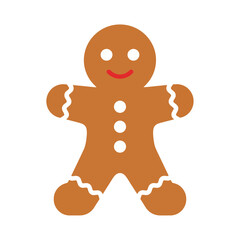 A cheerful gingerbread man with a smiling red mouth and white buttons.