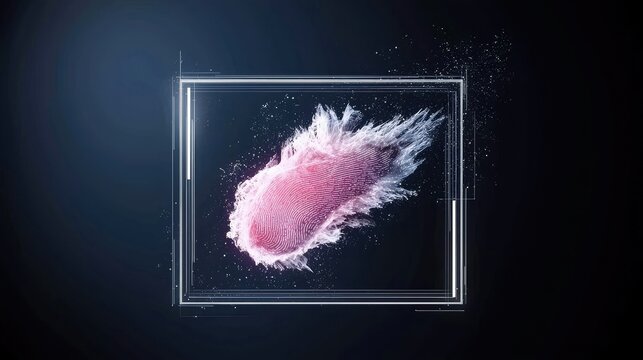 A pink fingerprint is shown dissolving into a cloud of particles, enclosed within a digital frame against a dark background.