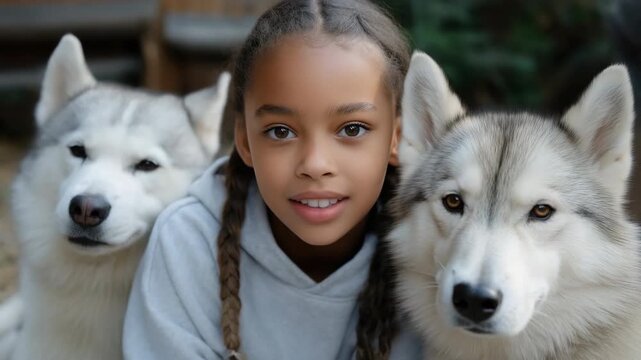 Smiling african female child with huskies in outdoor setting