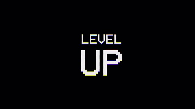 Glitch level up Text Animation Loop 4K Alpha Channel, Dynamic Pixel Retro Gaming Title Design