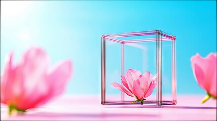 A delicate pink flower is enclosed within a transparent geometric cube, set against a vibrant blue sky with soft pink flowers in the foreground and background.