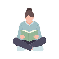A woman is sitting cross-legged reading a book.