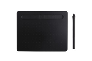 Top view of a sleek black digital drawing tablet with stylus, isolated on transpaarent, ideal for creatives and modern workspace themes.