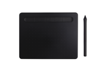 Top view of a sleek black digital drawing tablet with stylus, isolated on transpaarent, ideal for creatives and modern workspace themes.
