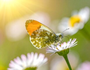 A vibrant butterfly perched on a daisy in sunny, natural setting