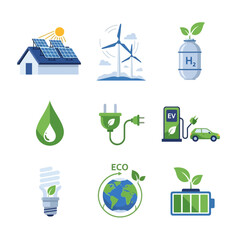 Collection of nine vector icons depicting renewable energy sources and eco-friendly practices.