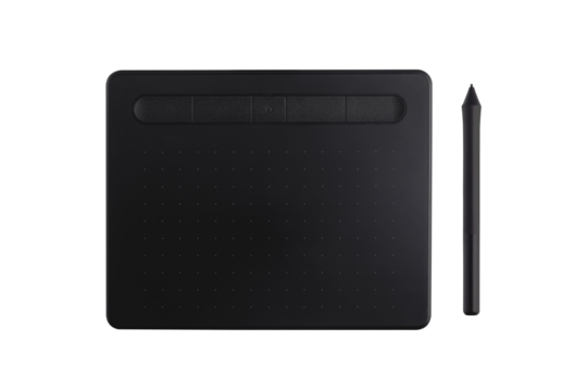 Top view of a sleek black digital drawing tablet with stylus, isolated on transpaarent, ideal for creatives and modern workspace themes.